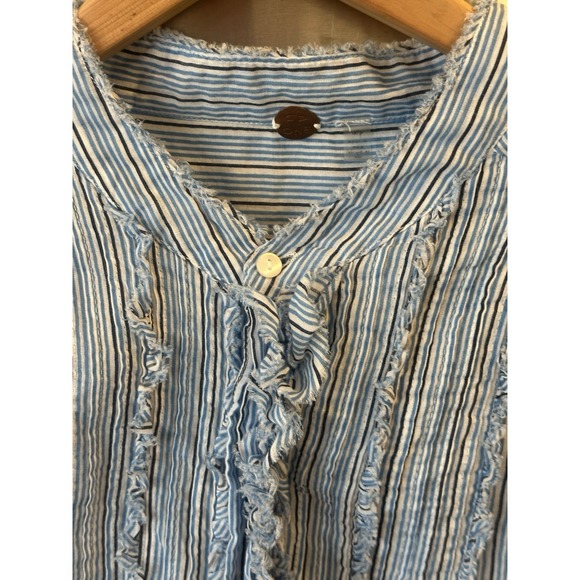 Free People One Drew Tuxedo Shirt Blue White Stripe Raw Hem Boho Y2K Belt 4 Dres - Picture 5 of 12